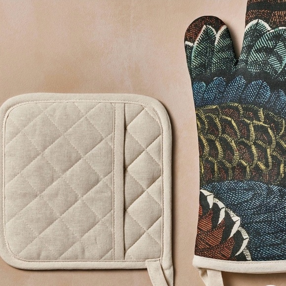 NWT - John Derian - Fall Feather Print Oven Mitt and Pot Holder Set 💛 - Picture 2 of 3
